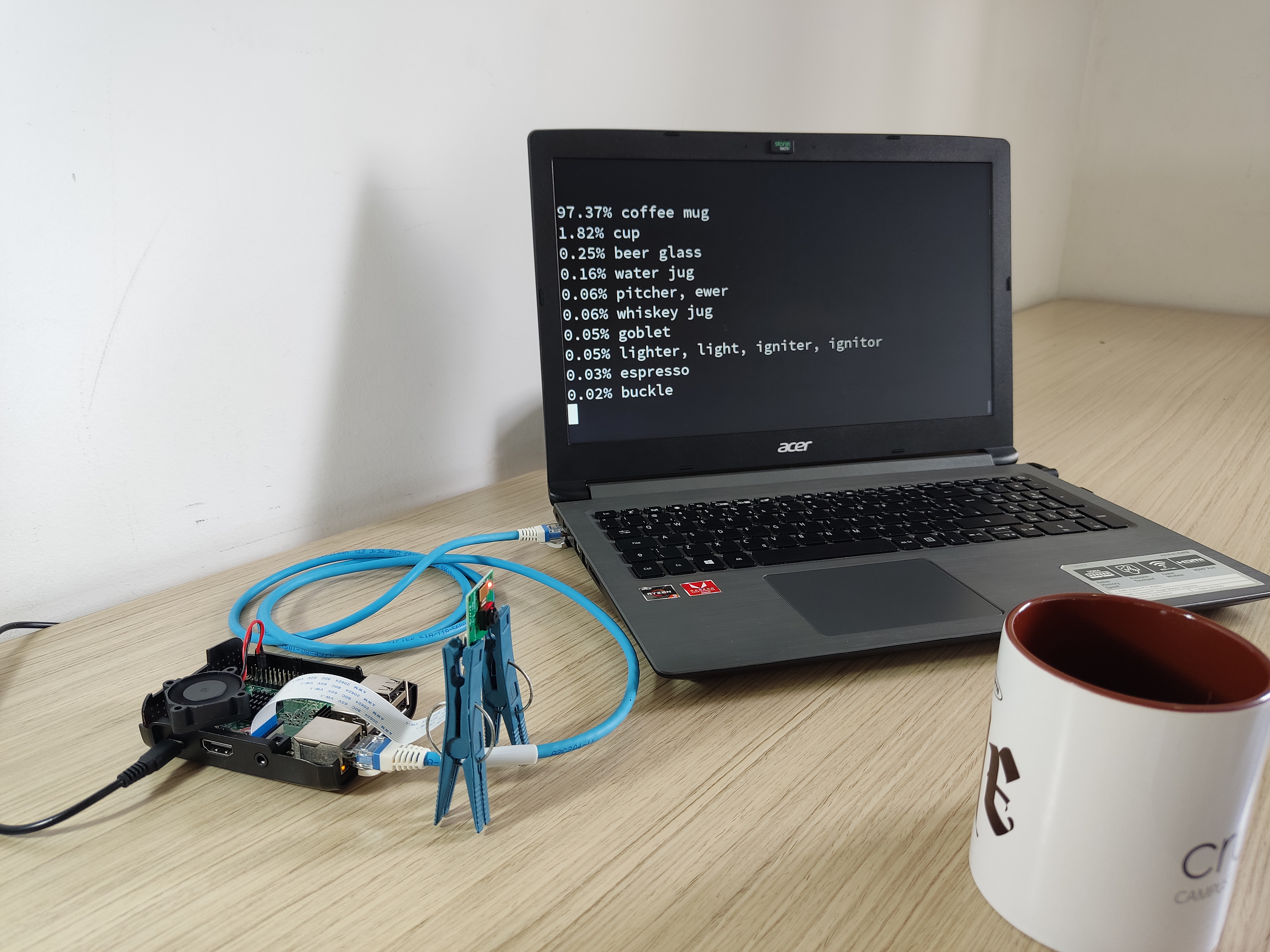Raspberry Pi recognizing a coffee mug with 97% confidence.